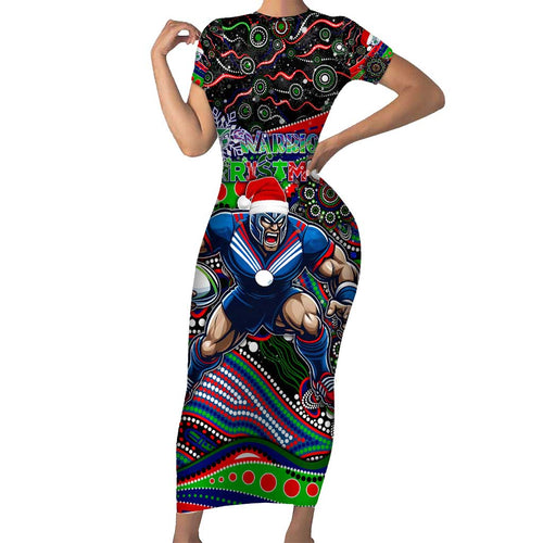 Merry Christmas New Zealand Warriors Family Matching Short Sleeve Bodycon Dress and Hawaiian Shirt Aboriginal Santa Rugby Mascot