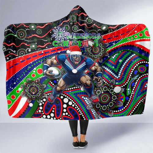 Merry Christmas New Zealand Warriors Hooded Blanket Aboriginal Santa Rugby Mascot