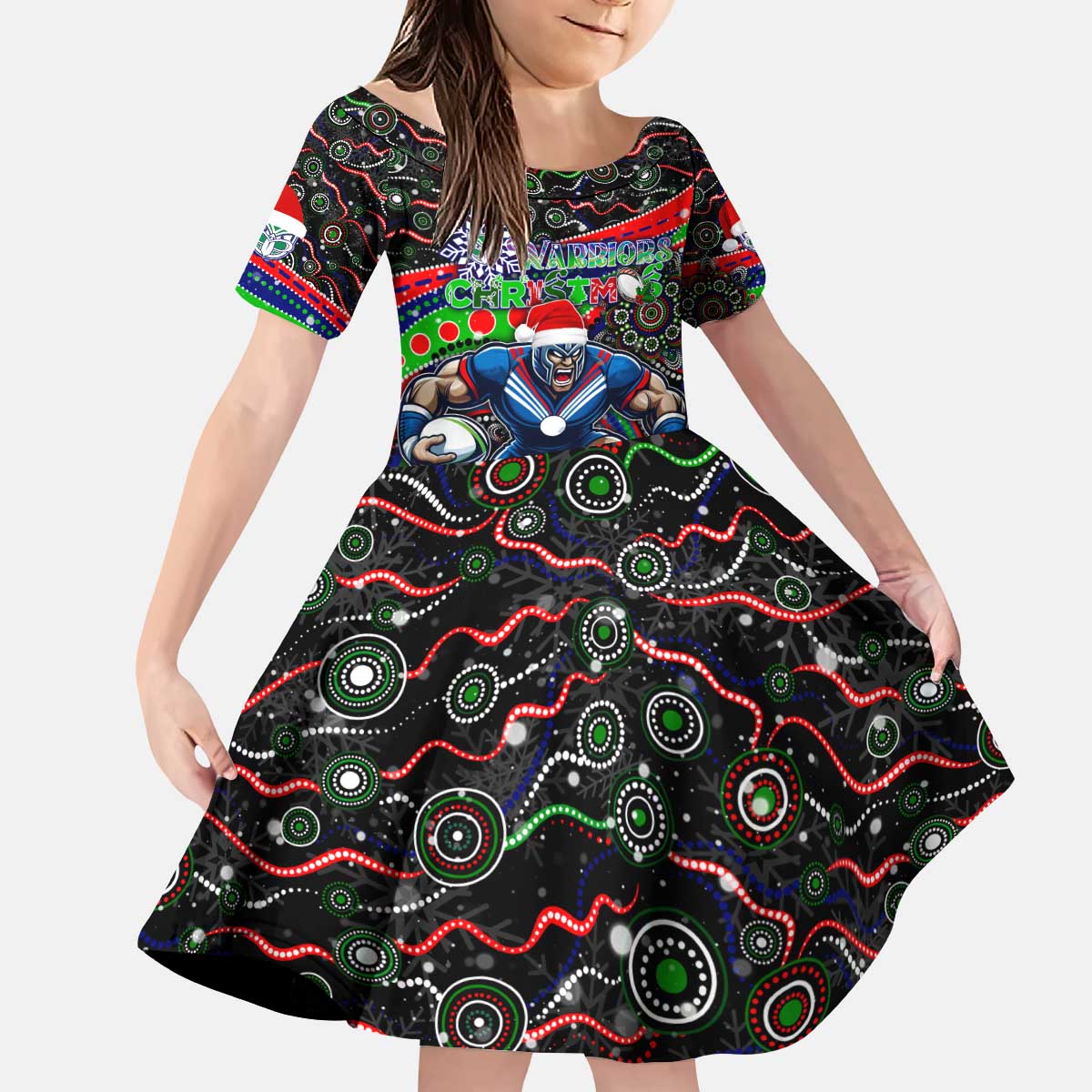 Merry Christmas New Zealand Warriors Kid Short Sleeve Dress Aboriginal Santa Rugby Mascot