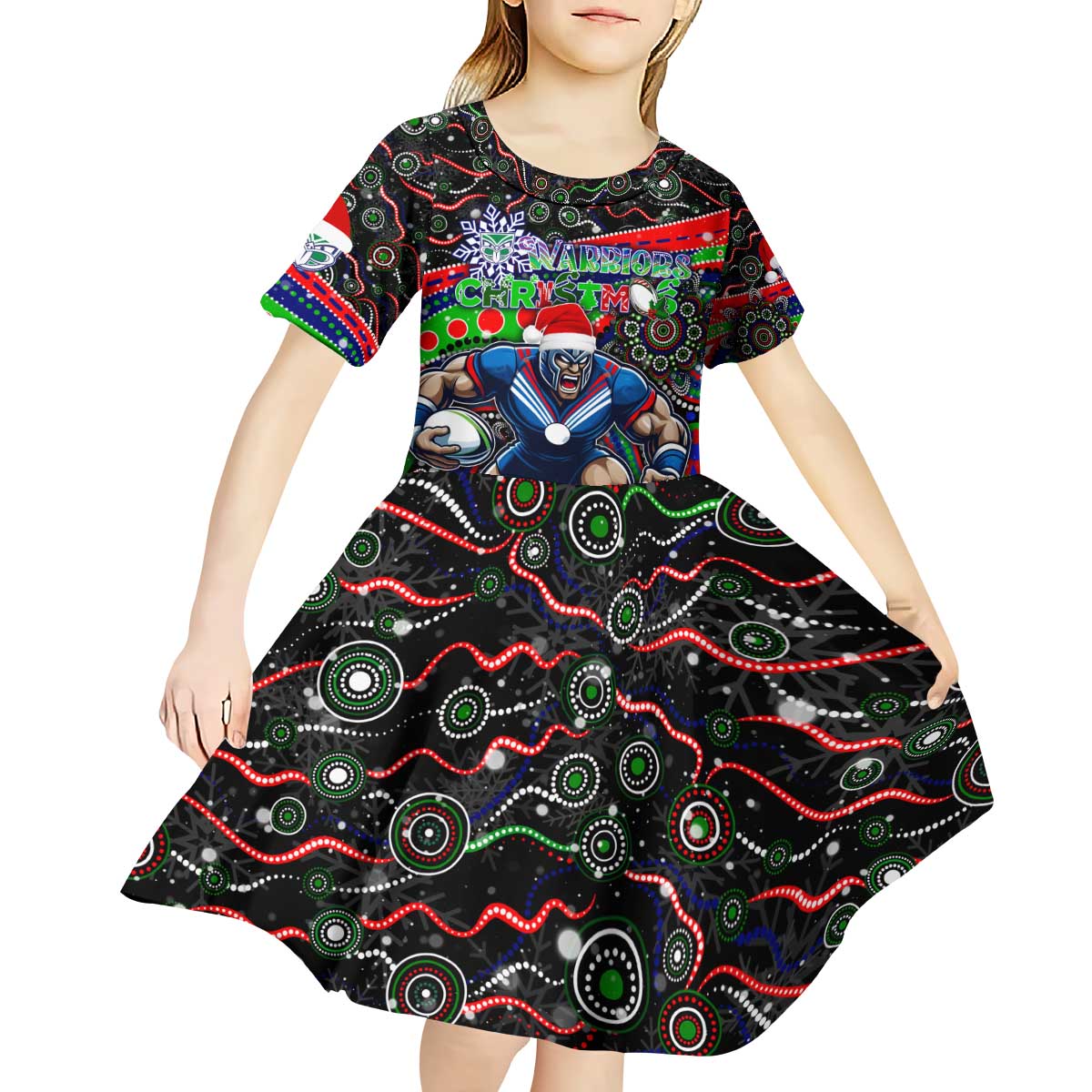 Merry Christmas New Zealand Warriors Kid Short Sleeve Dress Aboriginal Santa Rugby Mascot