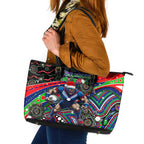 Merry Christmas New Zealand Warriors Leather Tote Bag Aboriginal Santa Rugby Mascot