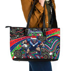 Merry Christmas New Zealand Warriors Leather Tote Bag Aboriginal Santa Rugby Mascot