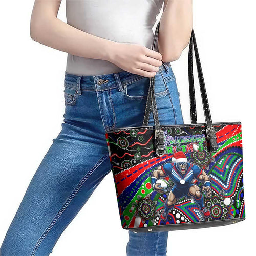 Merry Christmas New Zealand Warriors Leather Tote Bag Aboriginal Santa Rugby Mascot