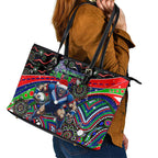 Merry Christmas New Zealand Warriors Leather Tote Bag Aboriginal Santa Rugby Mascot