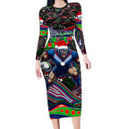Merry Christmas New Zealand Warriors Long Sleeve Bodycon Dress Aboriginal Santa Rugby Mascot