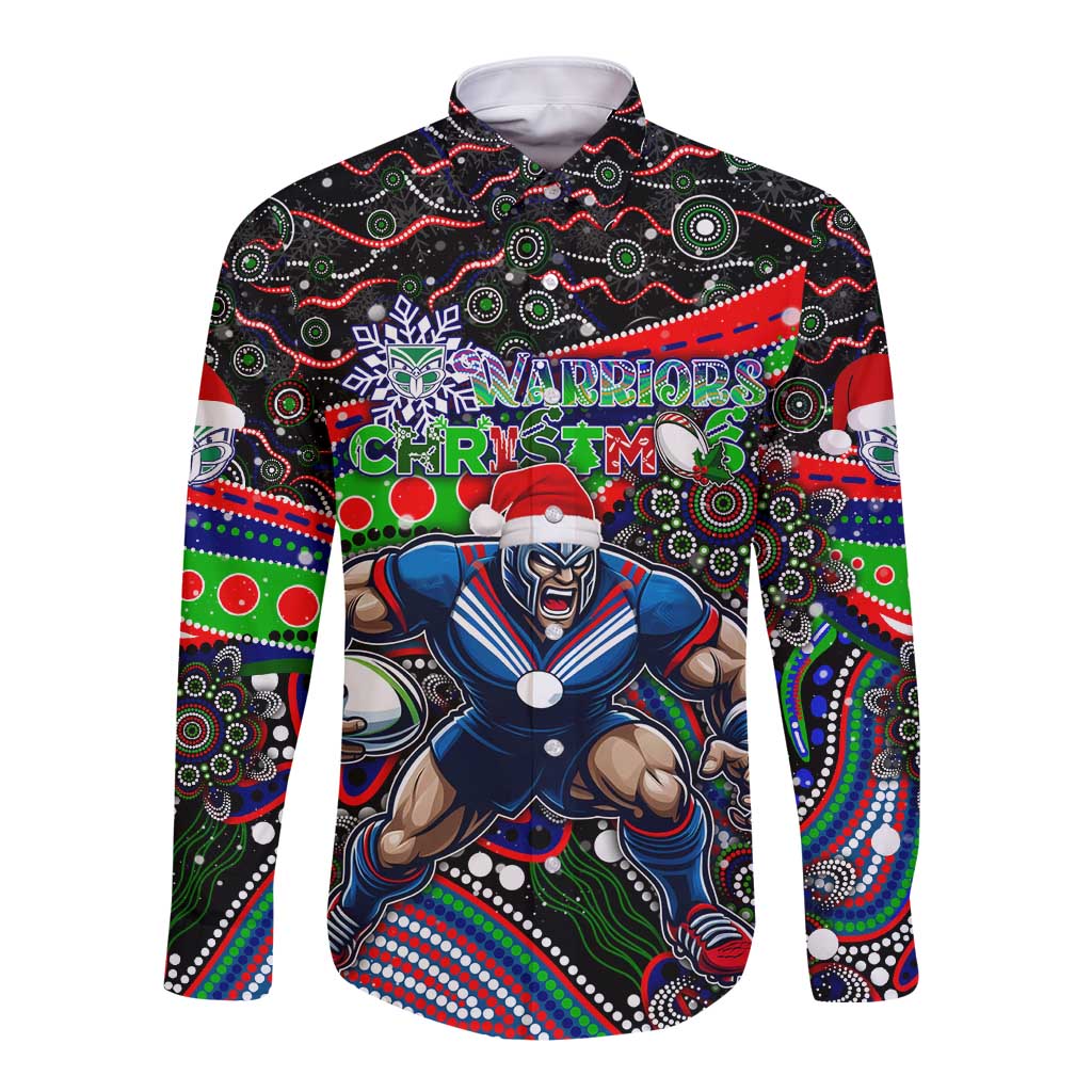 Merry Christmas New Zealand Warriors Long Sleeve Button Shirt Aboriginal Santa Rugby Mascot