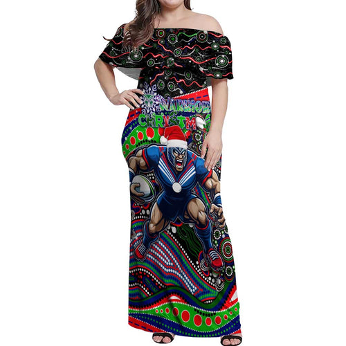 Merry Christmas New Zealand Warriors Off Shoulder Maxi Dress Aboriginal Santa Rugby Mascot
