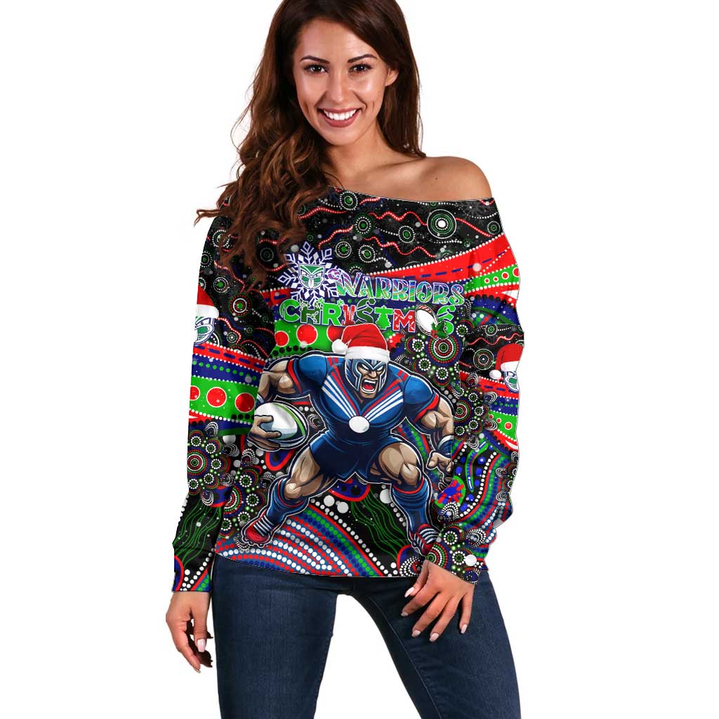 Merry Christmas New Zealand Warriors Off Shoulder Sweater Aboriginal Santa Rugby Mascot