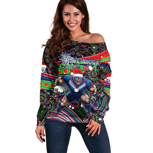 Merry Christmas New Zealand Warriors Off Shoulder Sweater Aboriginal Santa Rugby Mascot