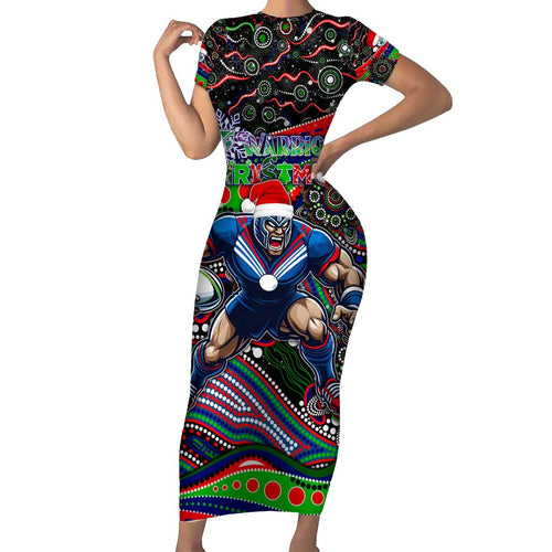 Merry Christmas New Zealand Warriors Short Sleeve Bodycon Dress Aboriginal Santa Rugby Mascot