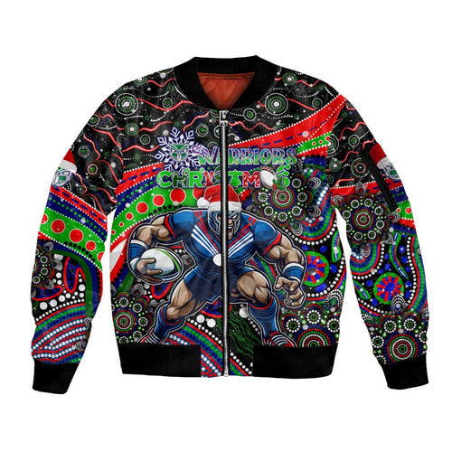 Merry Christmas New Zealand Warriors Sleeve Zip Bomber Jacket Aboriginal Santa Rugby Mascot