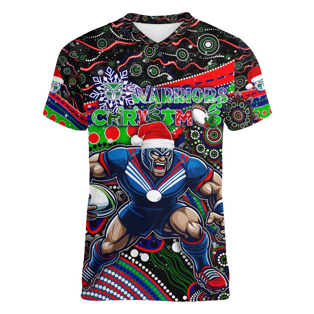 Merry Christmas New Zealand Warriors Women V-Neck T-Shirt Aboriginal Santa Rugby Mascot