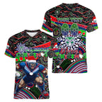 Merry Christmas New Zealand Warriors Women V-Neck T-Shirt Aboriginal Santa Rugby Mascot