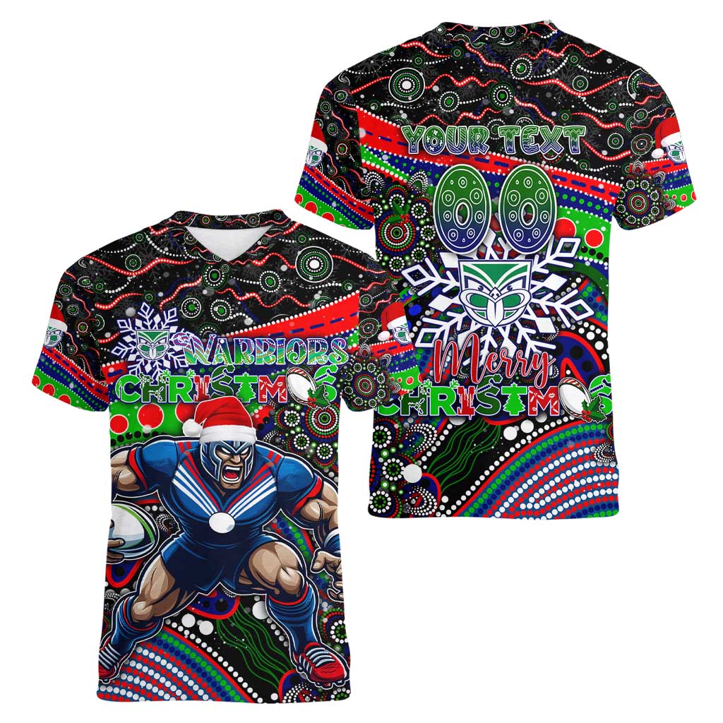 Merry Christmas New Zealand Warriors Women V-Neck T-Shirt Aboriginal Santa Rugby Mascot