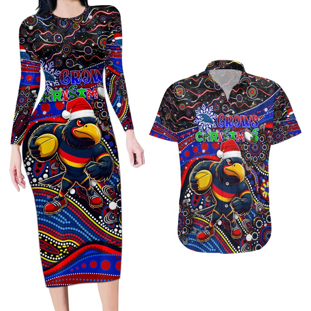 Merry Christmas AFL Adelaide Crows Couples Matching Long Sleeve Bodycon Dress and Hawaiian Shirt Aboriginal Santa Football Mascot
