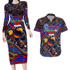 Merry Christmas AFL Adelaide Crows Couples Matching Long Sleeve Bodycon Dress and Hawaiian Shirt Aboriginal Santa Football Mascot