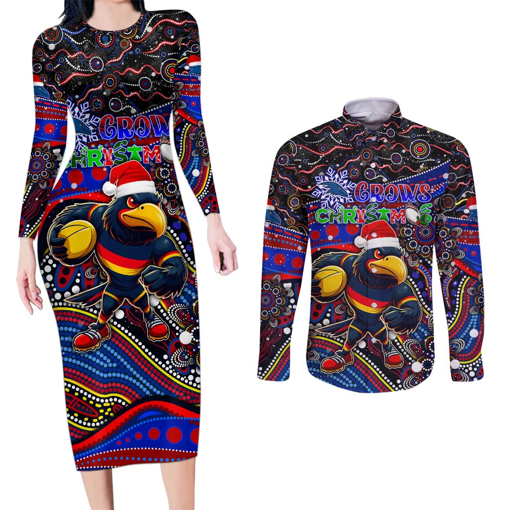 Merry Christmas AFL Adelaide Crows Couples Matching Long Sleeve Bodycon Dress and Long Sleeve Button Shirt Aboriginal Santa Football Mascot