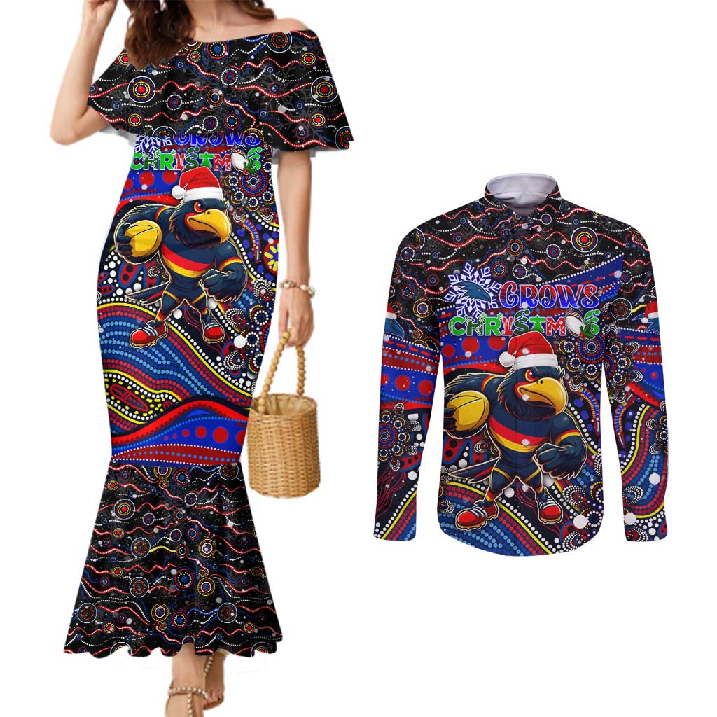 Merry Christmas AFL Adelaide Crows Couples Matching Mermaid Dress and Long Sleeve Button Shirt Aboriginal Santa Football Mascot