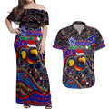 Merry Christmas AFL Adelaide Crows Couples Matching Off Shoulder Maxi Dress and Hawaiian Shirt Aboriginal Santa Football Mascot