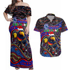 Merry Christmas AFL Adelaide Crows Couples Matching Off Shoulder Maxi Dress and Hawaiian Shirt Aboriginal Santa Football Mascot