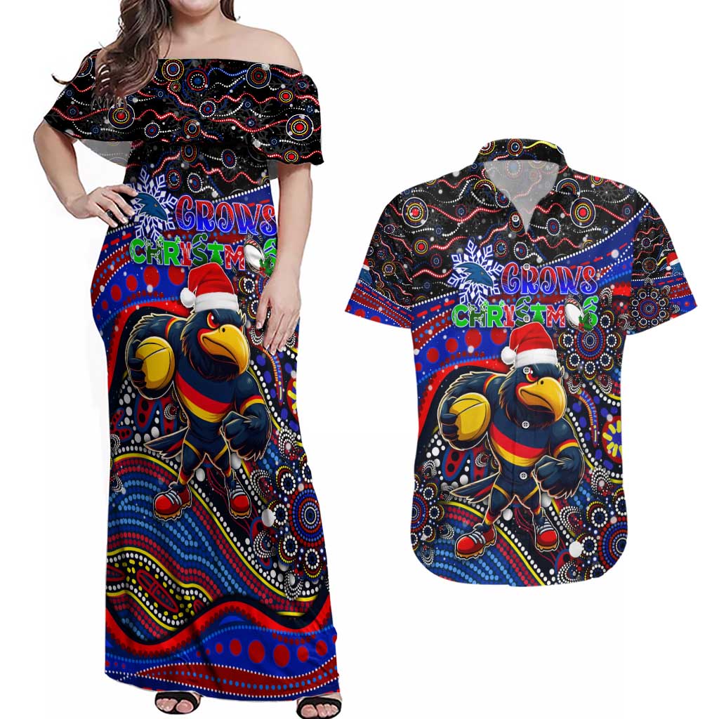 Merry Christmas AFL Adelaide Crows Couples Matching Off Shoulder Maxi Dress and Hawaiian Shirt Aboriginal Santa Football Mascot