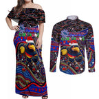 Merry Christmas AFL Adelaide Crows Couples Matching Off Shoulder Maxi Dress and Long Sleeve Button Shirt Aboriginal Santa Football Mascot