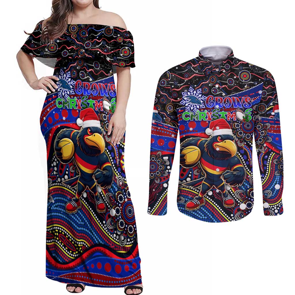 Merry Christmas AFL Adelaide Crows Couples Matching Off Shoulder Maxi Dress and Long Sleeve Button Shirt Aboriginal Santa Football Mascot