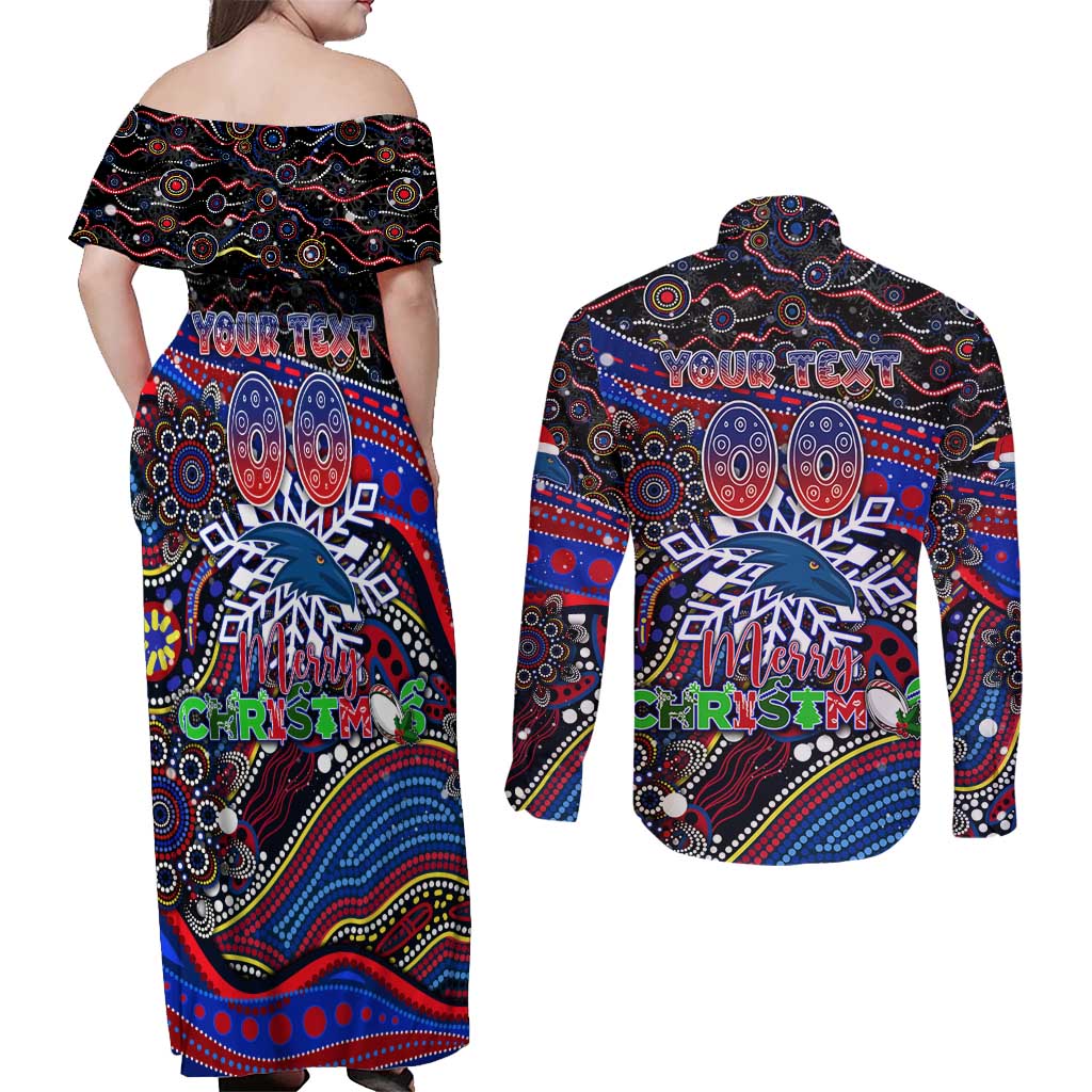 Merry Christmas AFL Adelaide Crows Couples Matching Off Shoulder Maxi Dress and Long Sleeve Button Shirt Aboriginal Santa Football Mascot