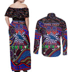 Merry Christmas AFL Adelaide Crows Couples Matching Off Shoulder Maxi Dress and Long Sleeve Button Shirt Aboriginal Santa Football Mascot