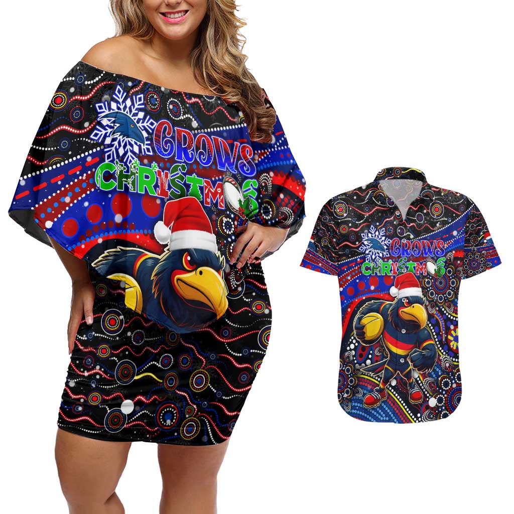 Merry Christmas AFL Adelaide Crows Couples Matching Off Shoulder Short Dress and Hawaiian Shirt Aboriginal Santa Football Mascot