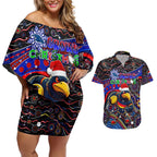 Merry Christmas AFL Adelaide Crows Couples Matching Off Shoulder Short Dress and Hawaiian Shirt Aboriginal Santa Football Mascot