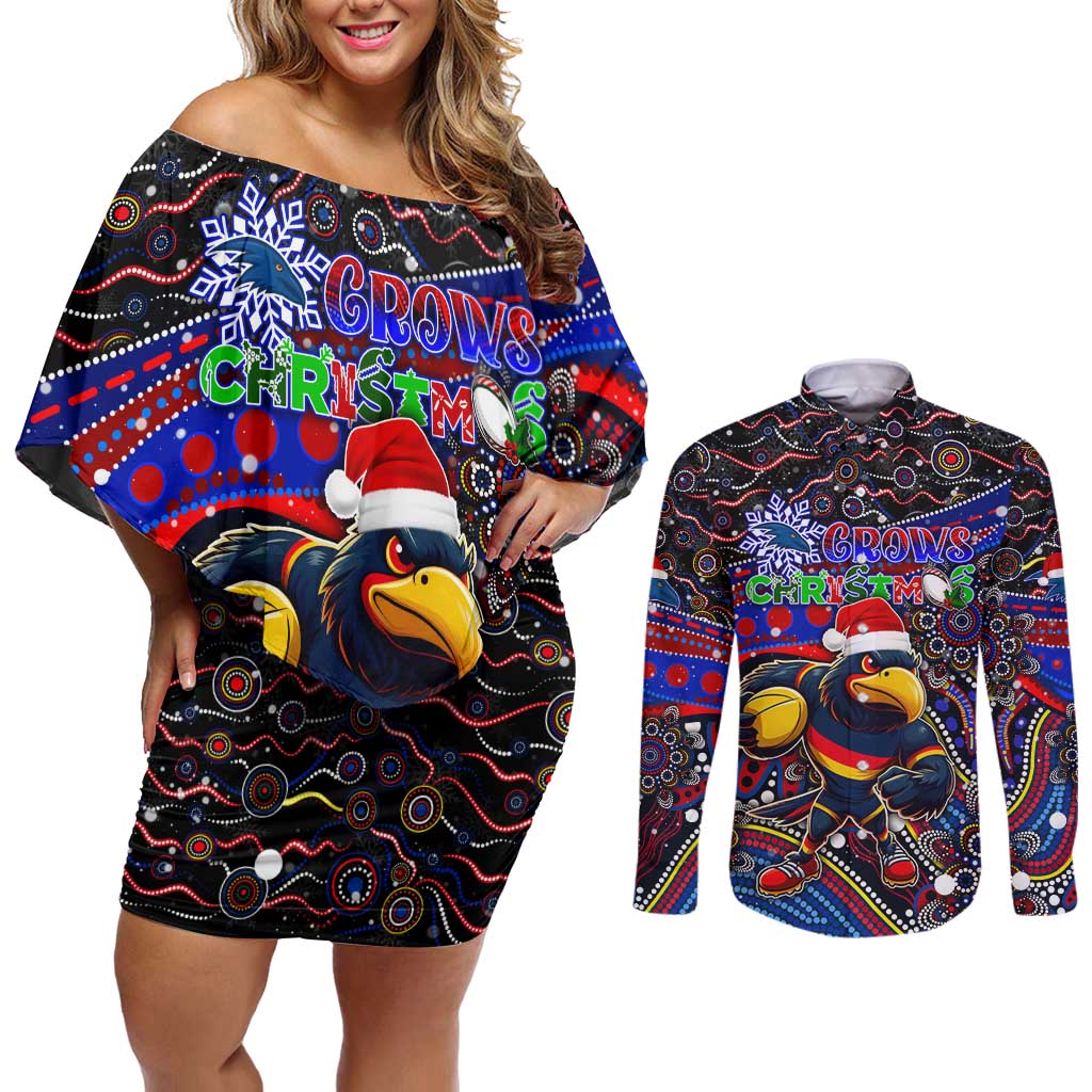 Merry Christmas AFL Adelaide Crows Couples Matching Off Shoulder Short Dress and Long Sleeve Button Shirt Aboriginal Santa Football Mascot