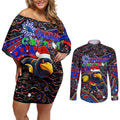Merry Christmas AFL Adelaide Crows Couples Matching Off Shoulder Short Dress and Long Sleeve Button Shirt Aboriginal Santa Football Mascot