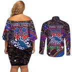 Merry Christmas AFL Adelaide Crows Couples Matching Off Shoulder Short Dress and Long Sleeve Button Shirt Aboriginal Santa Football Mascot