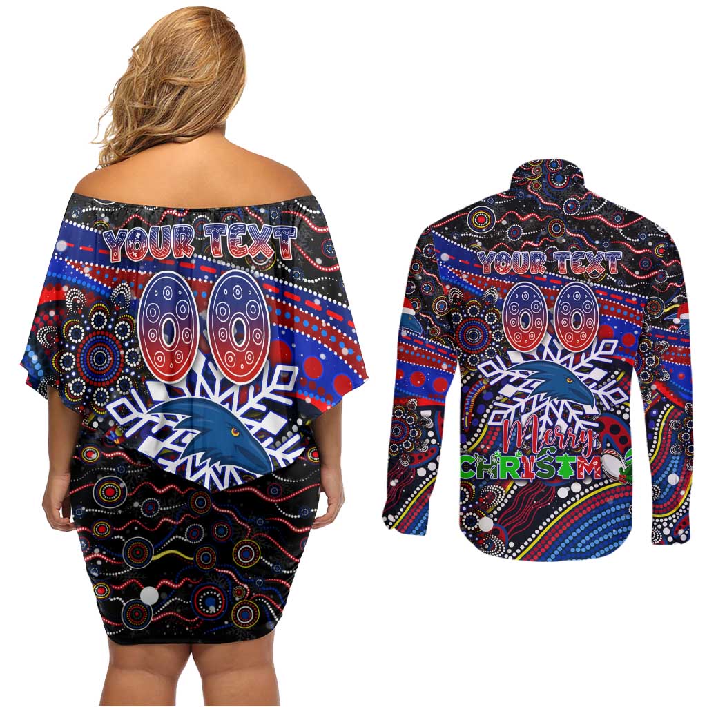 Merry Christmas AFL Adelaide Crows Couples Matching Off Shoulder Short Dress and Long Sleeve Button Shirt Aboriginal Santa Football Mascot