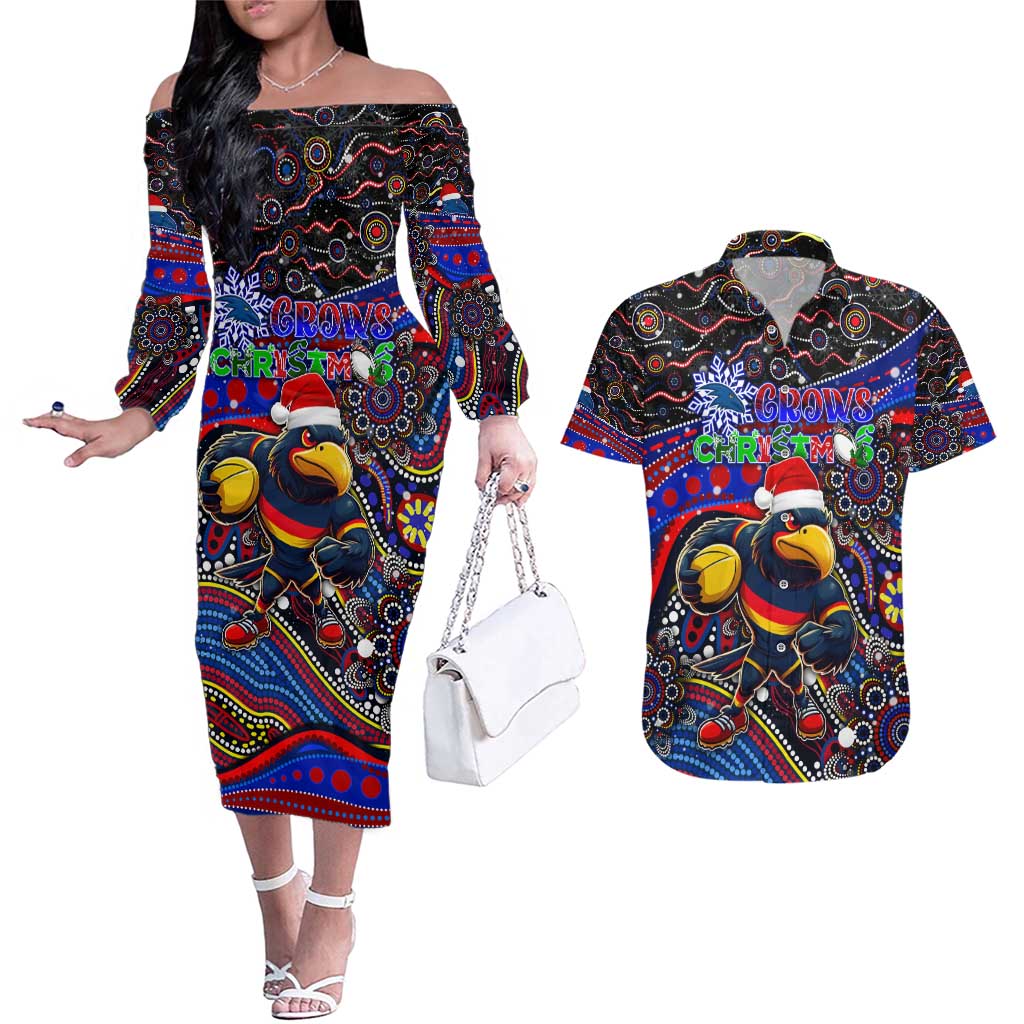 Merry Christmas AFL Adelaide Crows Couples Matching Off The Shoulder Long Sleeve Dress and Hawaiian Shirt Aboriginal Santa Football Mascot