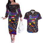Merry Christmas AFL Adelaide Crows Couples Matching Off The Shoulder Long Sleeve Dress and Hawaiian Shirt Aboriginal Santa Football Mascot