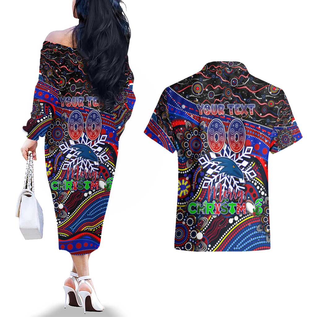 Merry Christmas AFL Adelaide Crows Couples Matching Off The Shoulder Long Sleeve Dress and Hawaiian Shirt Aboriginal Santa Football Mascot