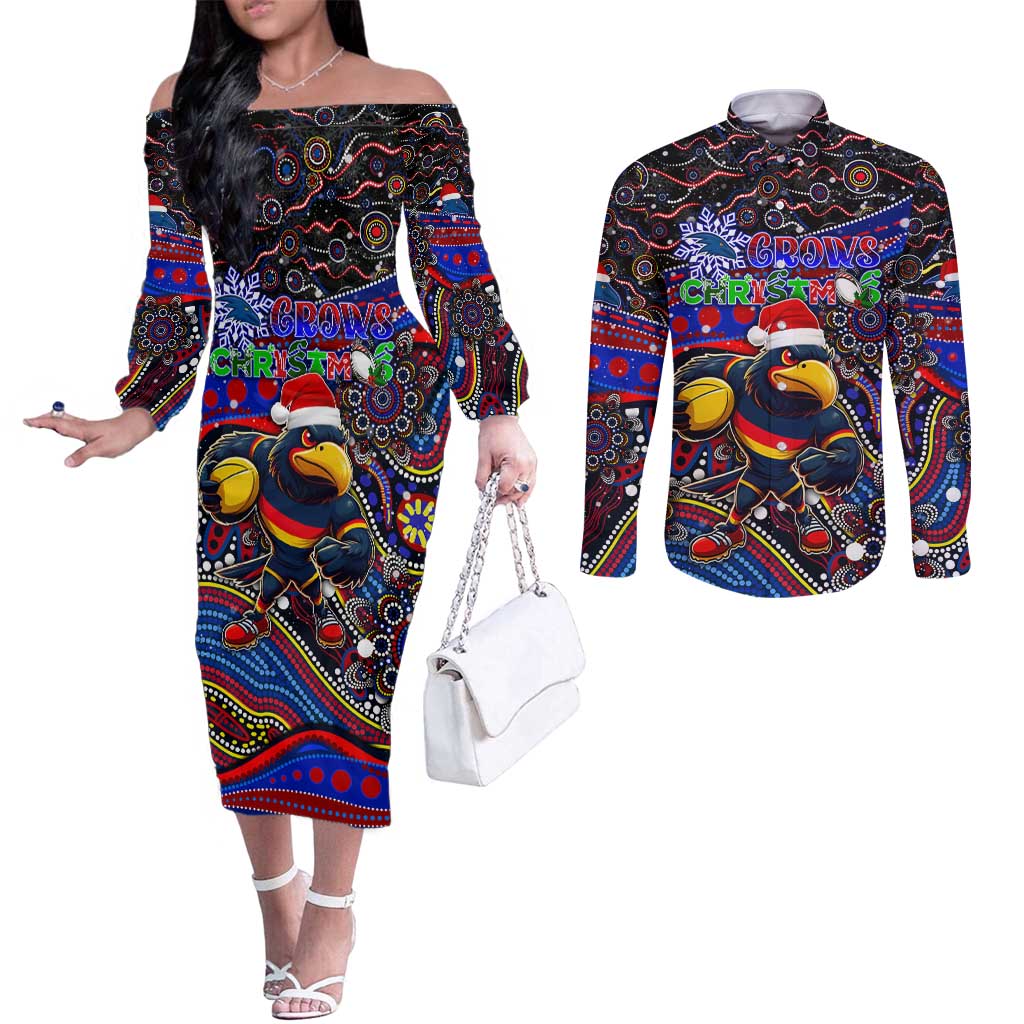 Merry Christmas AFL Adelaide Crows Couples Matching Off The Shoulder Long Sleeve Dress and Long Sleeve Button Shirt Aboriginal Santa Football Mascot