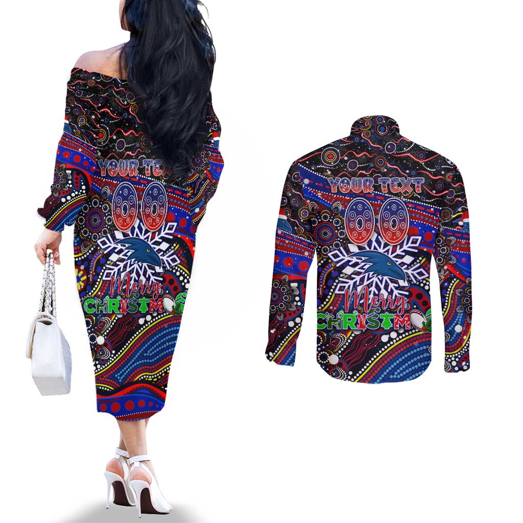 Merry Christmas AFL Adelaide Crows Couples Matching Off The Shoulder Long Sleeve Dress and Long Sleeve Button Shirt Aboriginal Santa Football Mascot