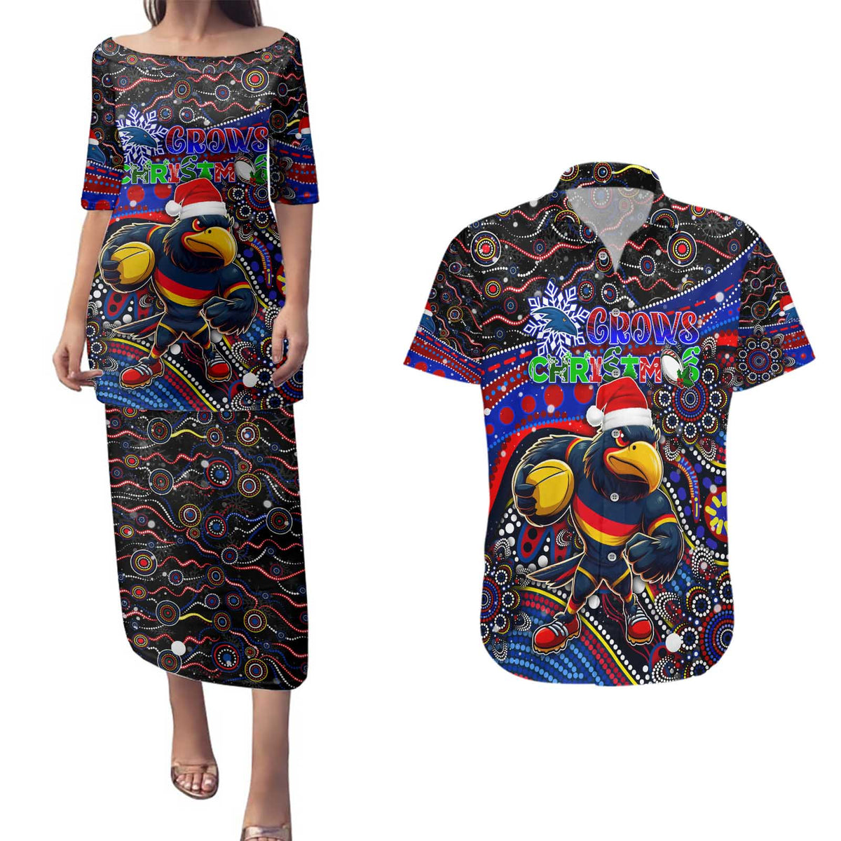 Merry Christmas AFL Adelaide Crows Couples Matching Puletasi and Hawaiian Shirt Aboriginal Santa Football Mascot