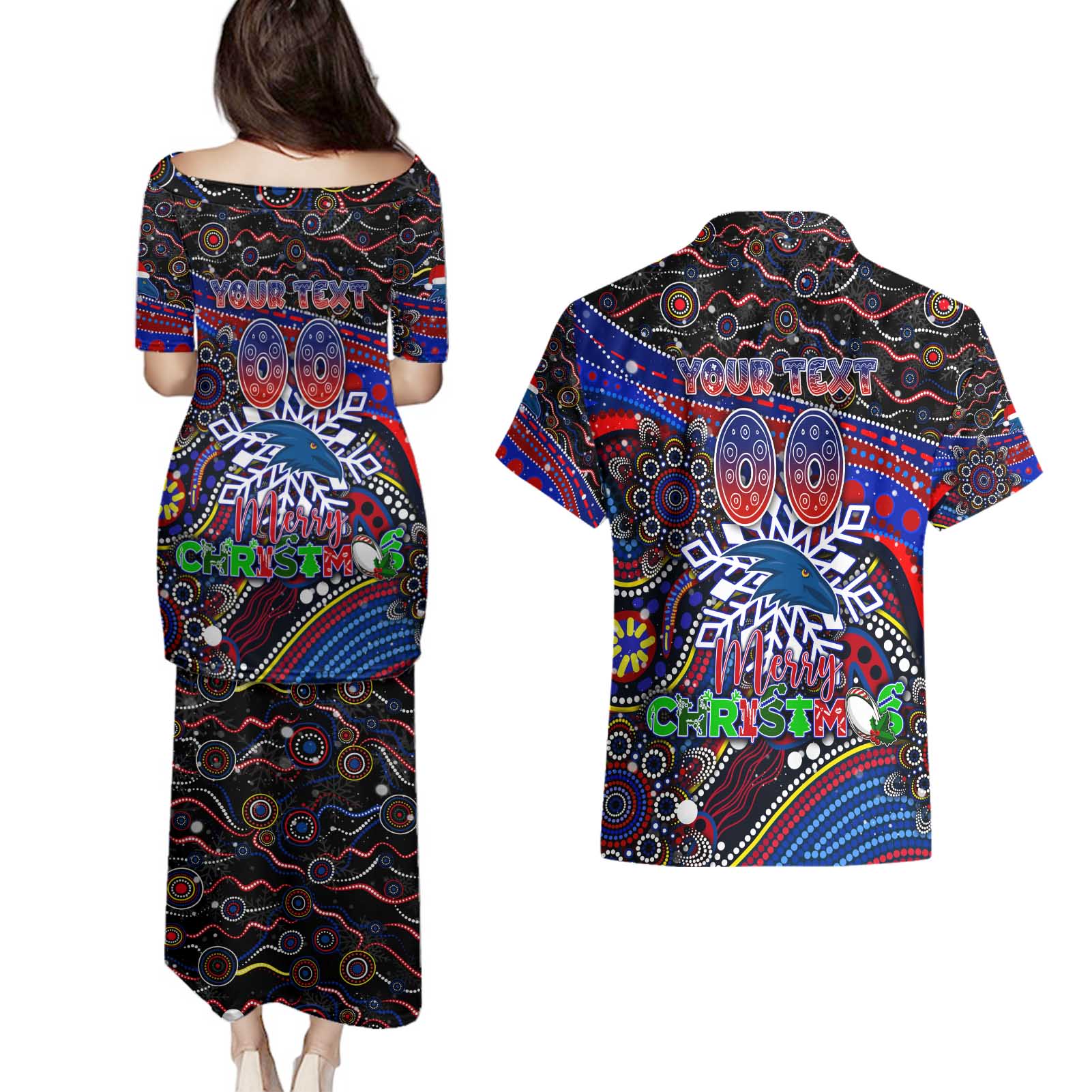 Merry Christmas AFL Adelaide Crows Couples Matching Puletasi and Hawaiian Shirt Aboriginal Santa Football Mascot