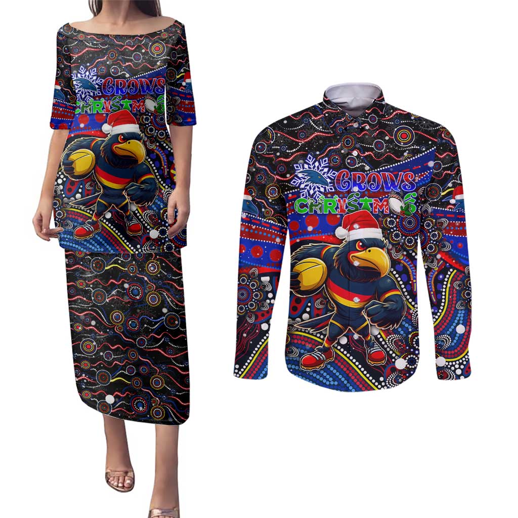 Merry Christmas AFL Adelaide Crows Couples Matching Puletasi and Long Sleeve Button Shirt Aboriginal Santa Football Mascot