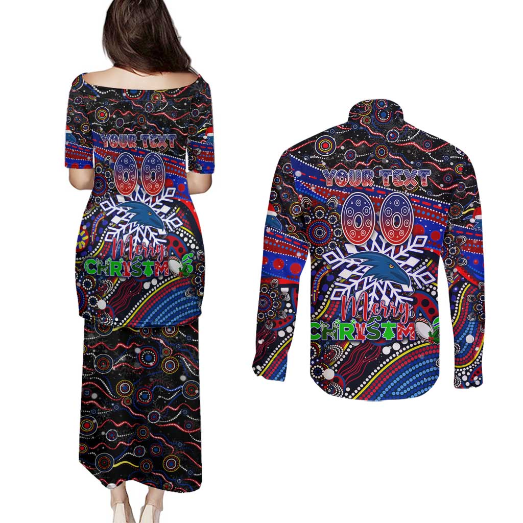 Merry Christmas AFL Adelaide Crows Couples Matching Puletasi and Long Sleeve Button Shirt Aboriginal Santa Football Mascot