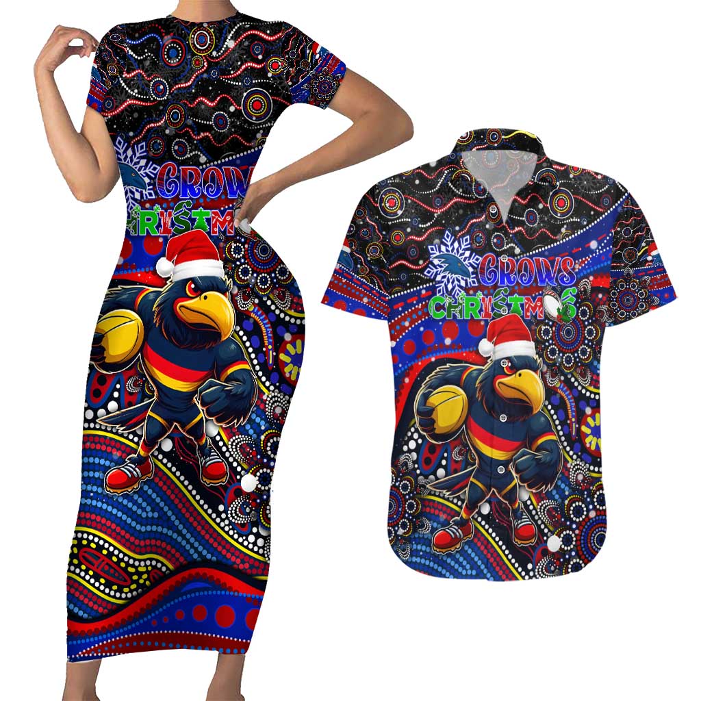 Merry Christmas AFL Adelaide Crows Couples Matching Short Sleeve Bodycon Dress and Hawaiian Shirt Aboriginal Santa Football Mascot