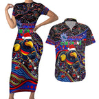 Merry Christmas AFL Adelaide Crows Couples Matching Short Sleeve Bodycon Dress and Hawaiian Shirt Aboriginal Santa Football Mascot