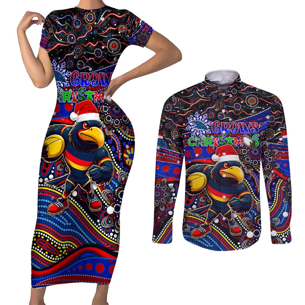 Merry Christmas AFL Adelaide Crows Couples Matching Short Sleeve Bodycon Dress and Long Sleeve Button Shirt Aboriginal Santa Football Mascot