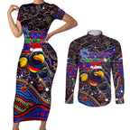 Merry Christmas AFL Adelaide Crows Couples Matching Short Sleeve Bodycon Dress and Long Sleeve Button Shirt Aboriginal Santa Football Mascot