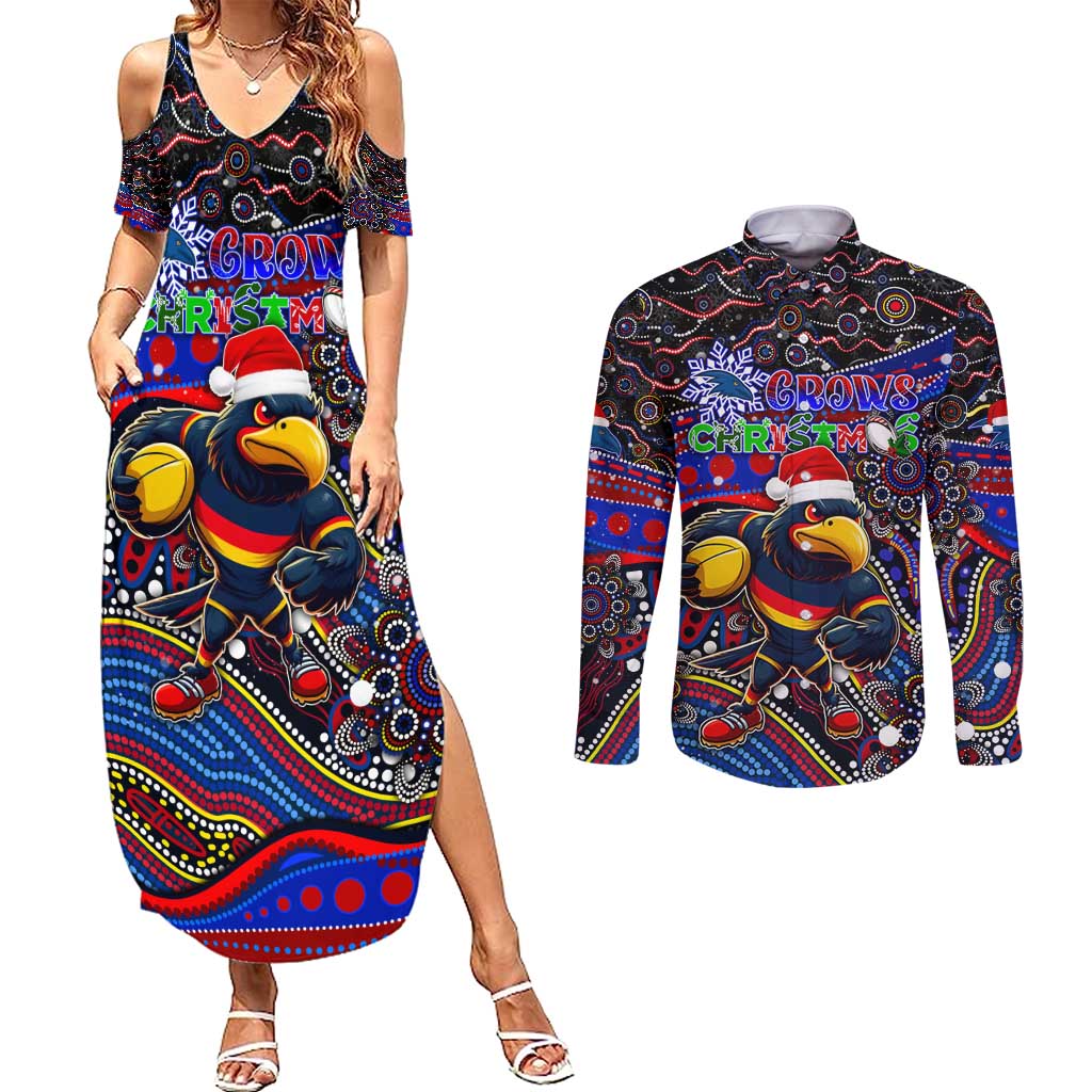 Merry Christmas AFL Adelaide Crows Couples Matching Summer Maxi Dress and Long Sleeve Button Shirt Aboriginal Santa Football Mascot