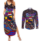 Merry Christmas AFL Adelaide Crows Couples Matching Summer Maxi Dress and Long Sleeve Button Shirt Aboriginal Santa Football Mascot